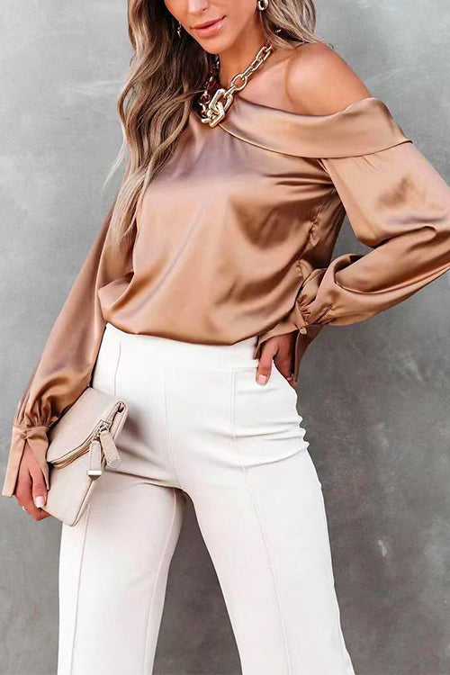 Cold Shoulder Long Sleeve Solid Satin Blouses