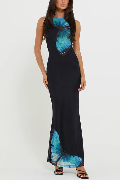 Back Lace-up Sleeveless Butterfly Print Maxi Dress