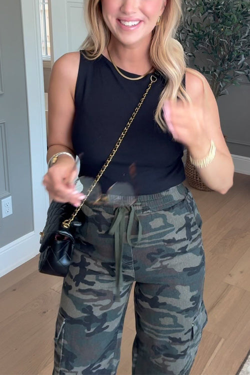 Camo Drawstring Waist Pocketed Cargo Pants