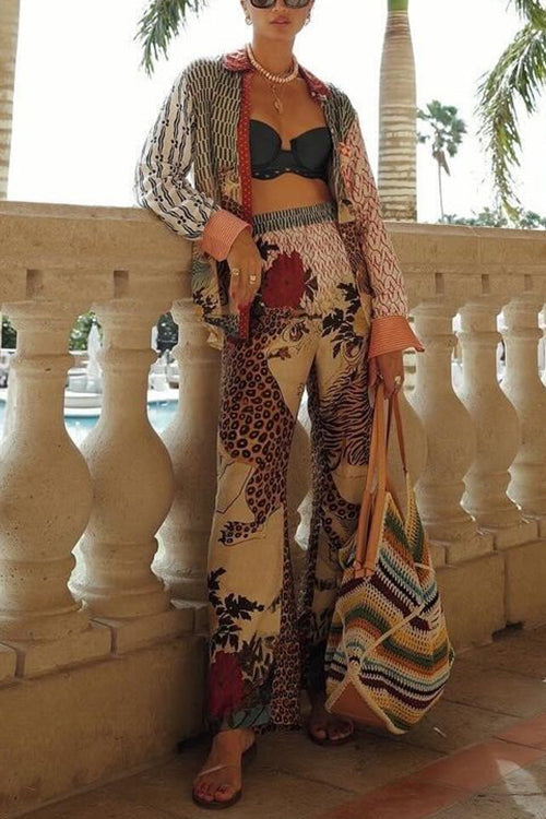 Long Sleeves Button Down Shirt Elastic Waist Wide Leg Pants Leopard Set