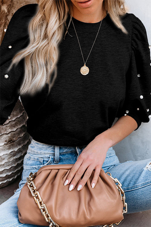 Crewneck Rhinestone Bubble Half Sleeves Pullover Top