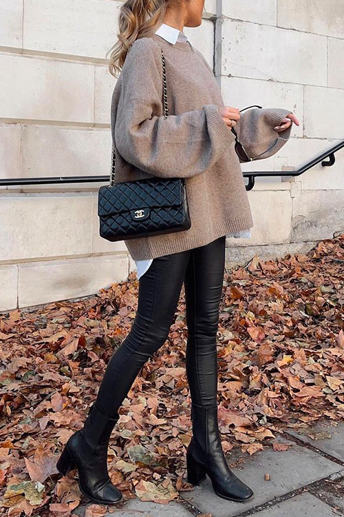 Crewneck Drop Shoulder Solid Loose Fit Sweater