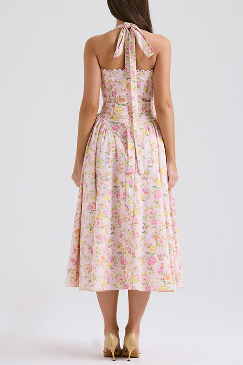 Halter Tie Front Waisted Floral Print Midi Dress