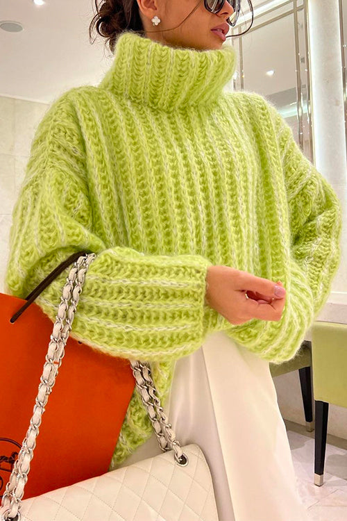 Turtleneck Drop Shoulder Fluffy Pullover Sweater Green