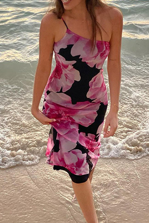One Shoulder Cut Out Floral Print Maxi Cami Dress
