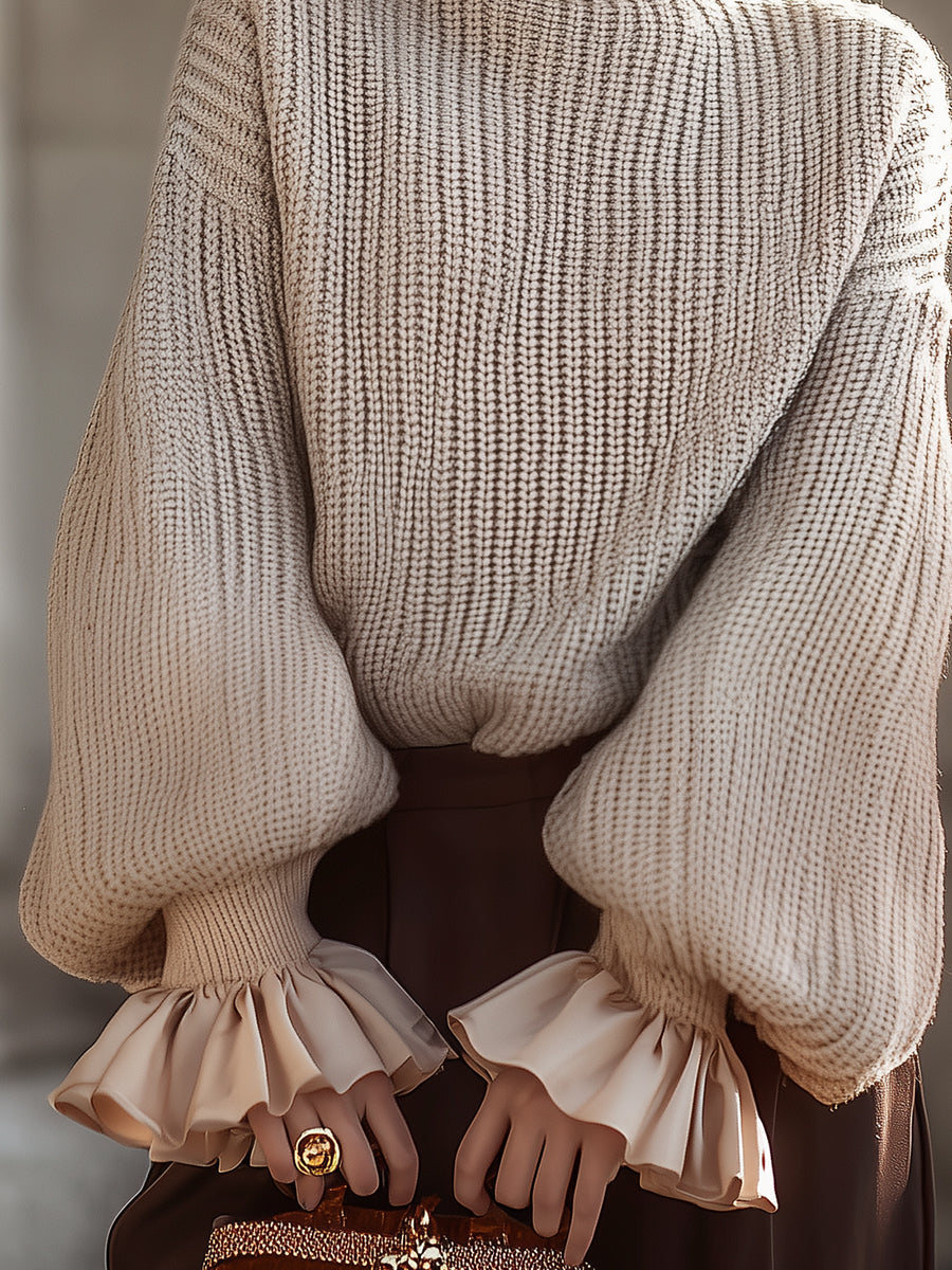 Cream Knit Turtleneck Sweater With Ruffled Cuffs