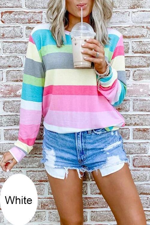 Long Sleeve Candy Striped Pullover Top White