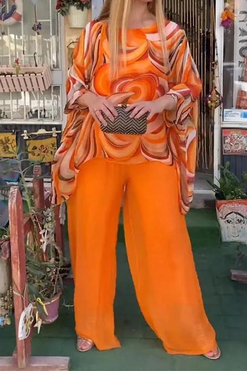 Printed Batwing Sleeves Irregular Top and Wide Leg Pants Chiffon Set Orange