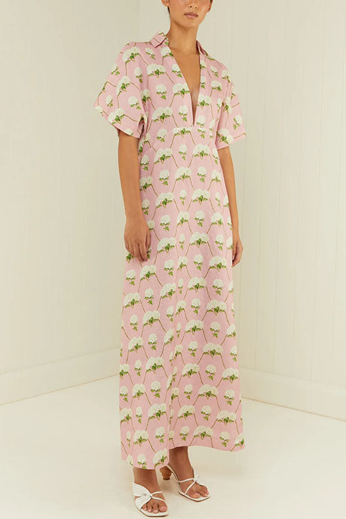 V Neck Short Sleeves Floral Print Maxi Holiday Dress