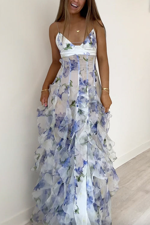 V Neck Backless Cut Out Ruffle Trim Slit Floral Maxi Cami Dress