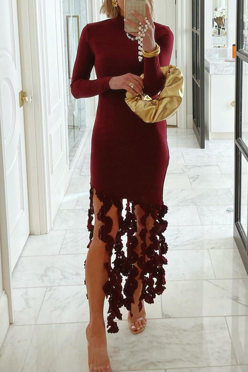 Figurbetontes Kleid mit Rollkragen, langen Ärmeln, Häkelfransen