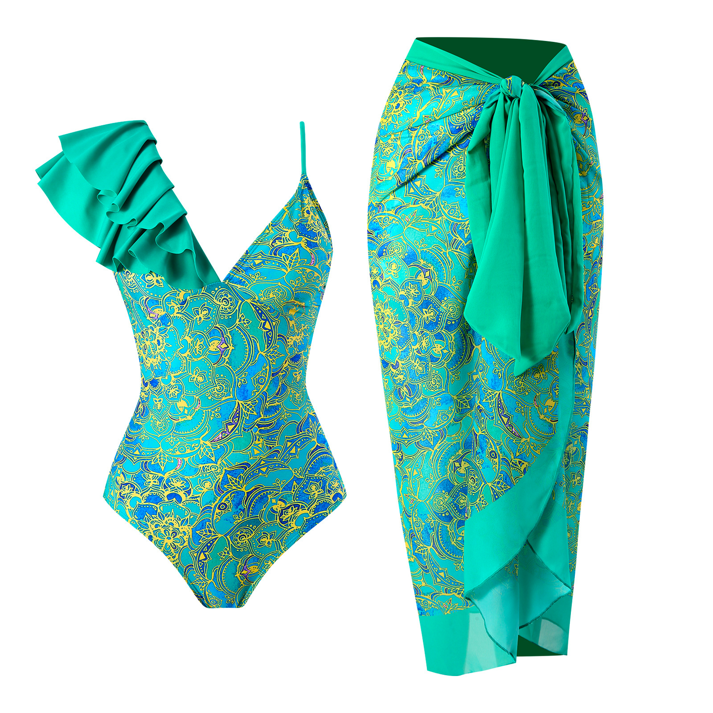 Printed V Neck Ruffle One-piece Swimsuit and Wrap Cover Up Skirt Set Green