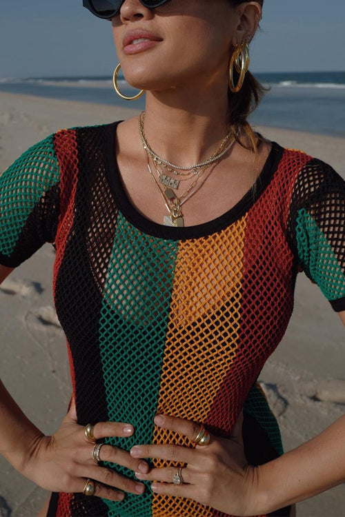 Side Slit Hollow Out Fishnet Striped Midi Dress