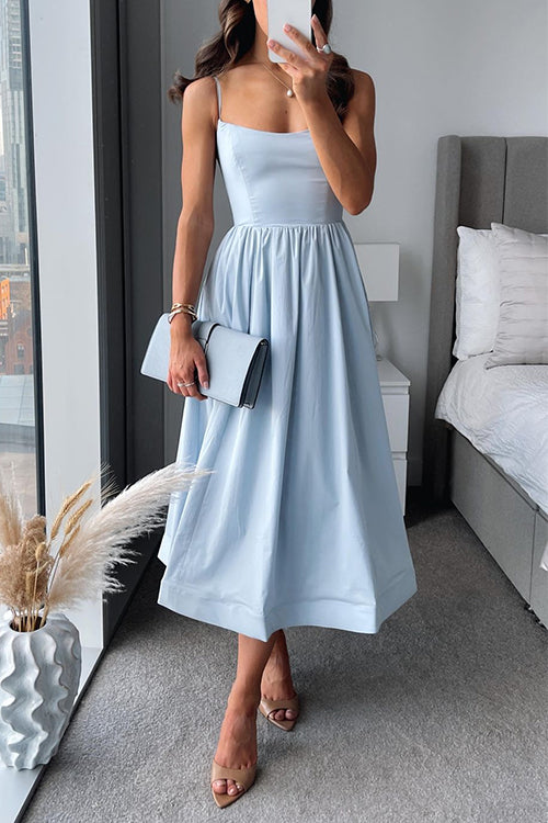 Spaghetti Strap Waisted A-line Midi Dress LightBlue