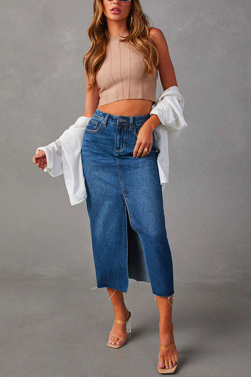 High Rise Raw Hem Slit Front Denim Midi Skirt Blue