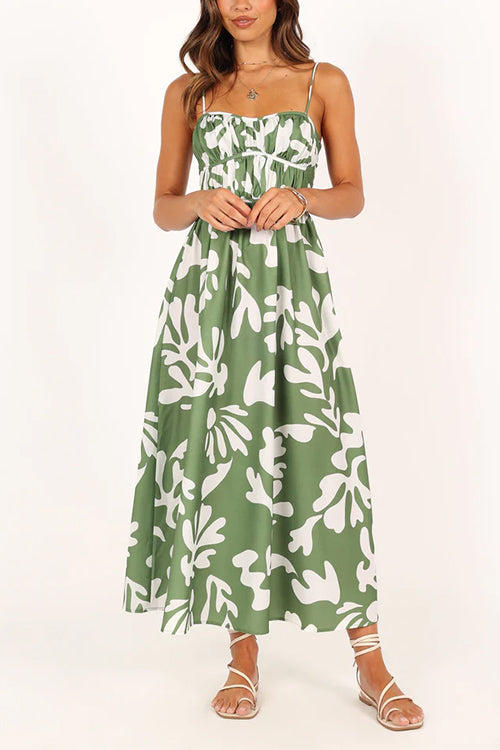 Spaghetti Strap High Waist Printed Maxi Holiday Dress Green