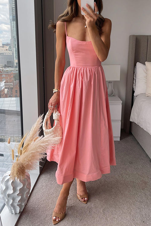 U Neck Waisted Swing Maxi Cami Dress Pink