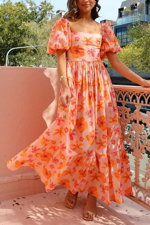 Square Neck Puff Sleeves Floral Print Ruffle Maxi Dress