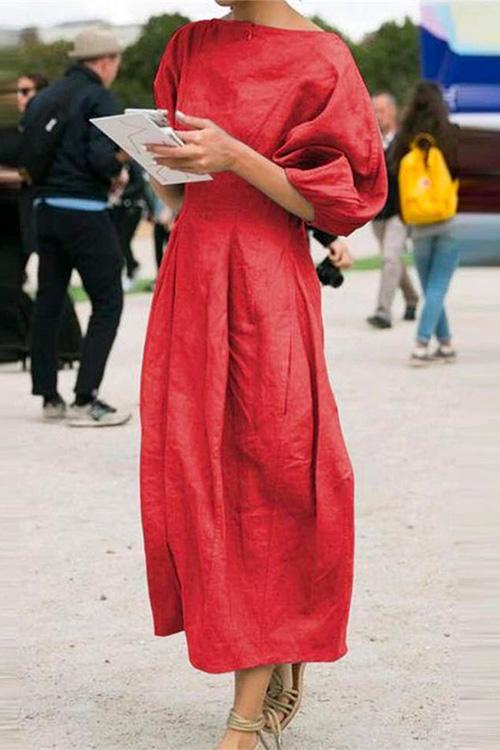 Lantern Sleeve Ruched Midi Cotton Linen Dress Orange