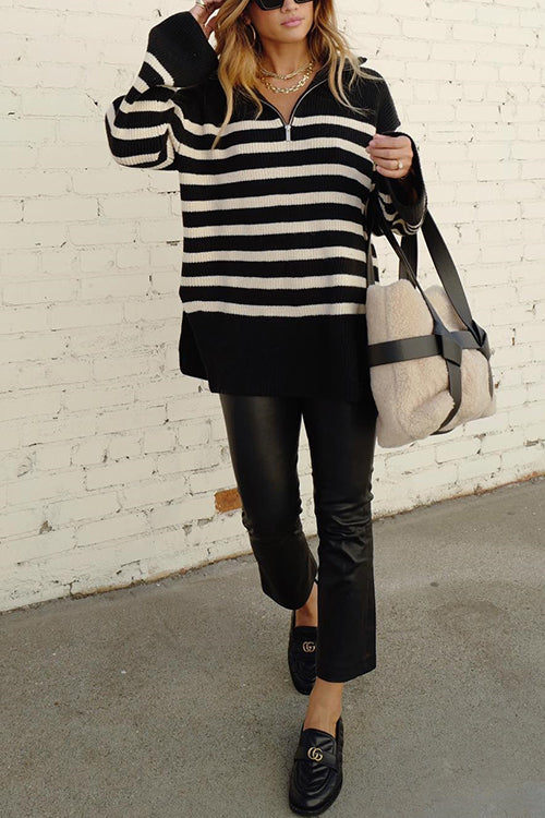 Turtleneck Zip Up Striped Pullover Sweater