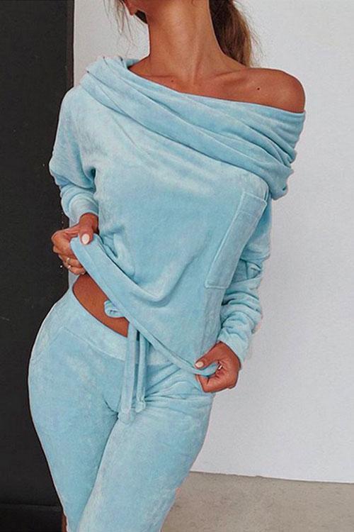 Keeley Off Shoulder Drawstring Top Long Pants Set LightBlue
