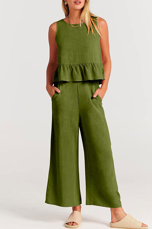 Crewneck Ruffle Tank Top Wide Leg Pockets Pants Set Green