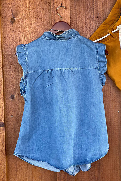 V Neck Ruffle Trim Sleeveless Denim Top