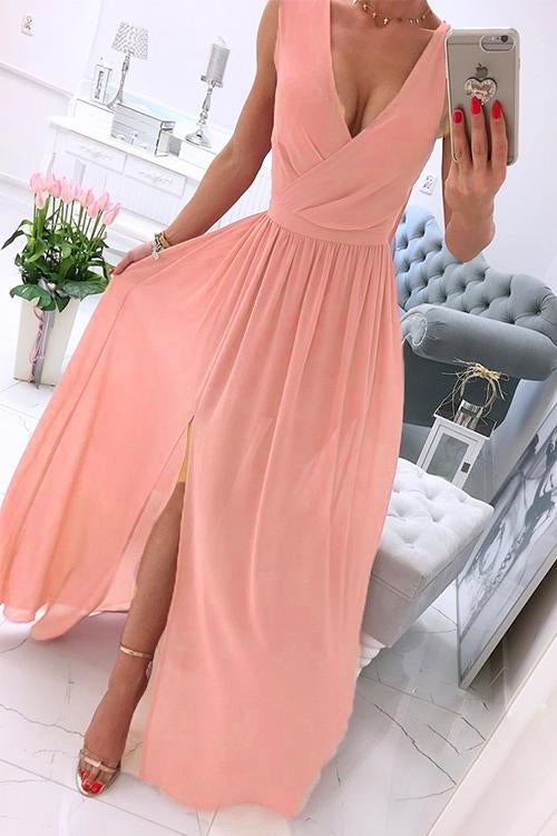 Deep V Neck Slit Ruched Sleeveless Party Dress Pink