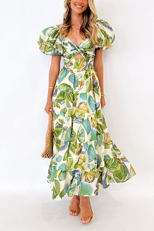 Twist Front Puff Sleeves Ruffle Tiered Printed Maxi Dress