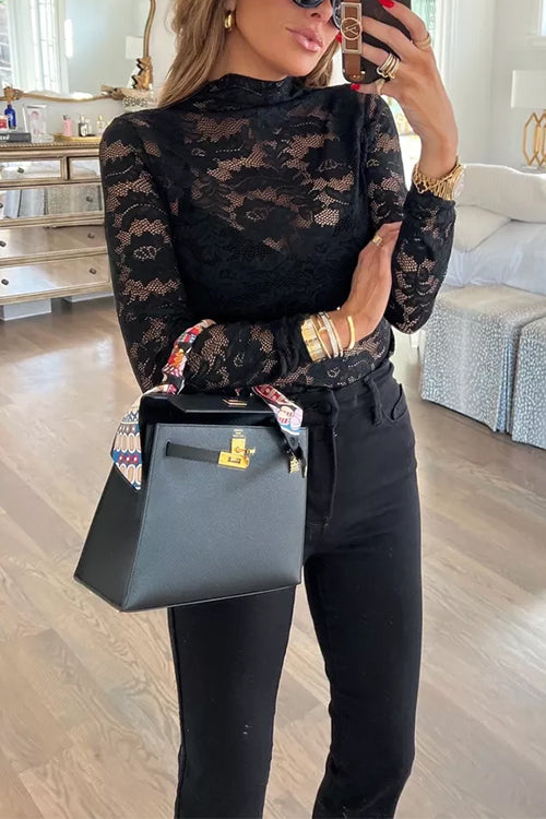 Mockneck Long Sleeves Floral Lace Top