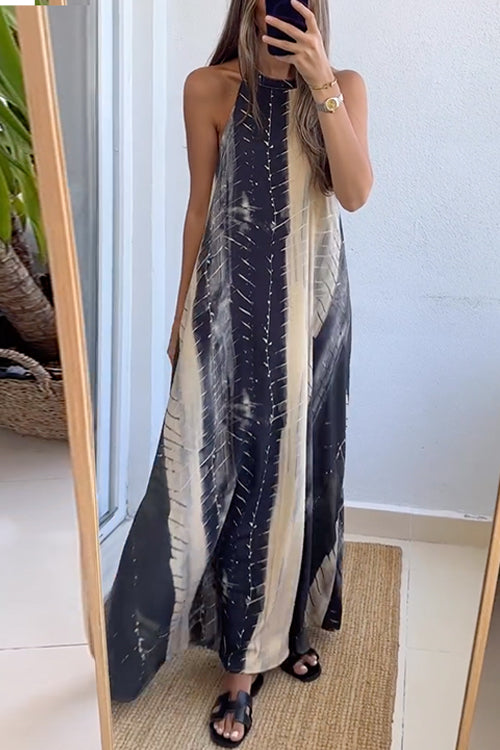 Halter Neck Backless Color Block Printed Maxi Dress
