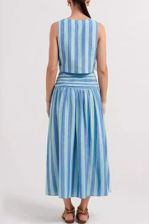 Striped Square Collar Crop Tank Top and Slit Maxi Skirt Set