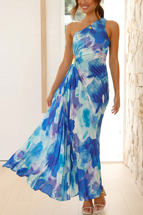 One Shoulder Sleeveless Cut Out Printed Swing Maxi Dress