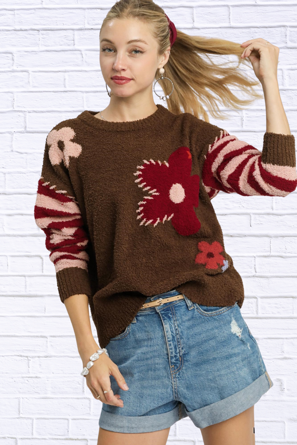 Flower Jacquard Striped Long Sleeve Sweater