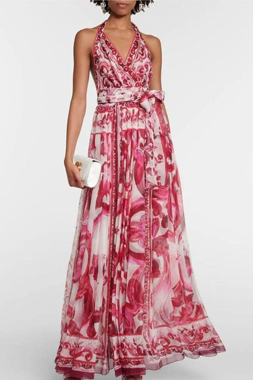 Halter V Neck Open Back Waisted Bohe Print Maxi Swing Dress