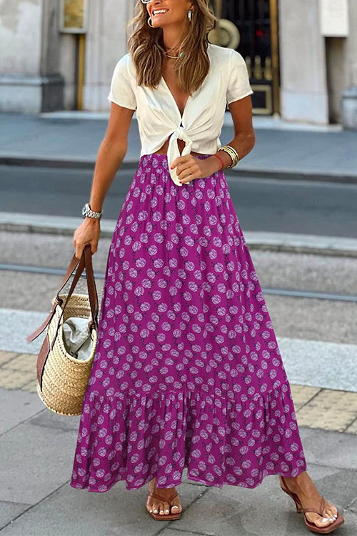 High Waist Printed Maxi Ruffle Swing Skirt Purple