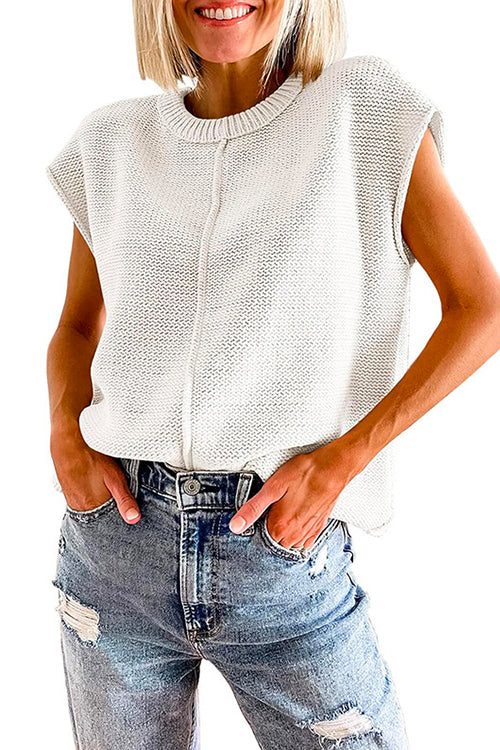 Crewneck Cap Sleeves Pullover Sweater White