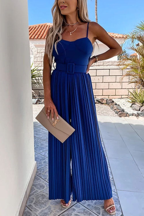 Spaghetti Strap Belted Pleated Wide Leg Jumpsuit Blue