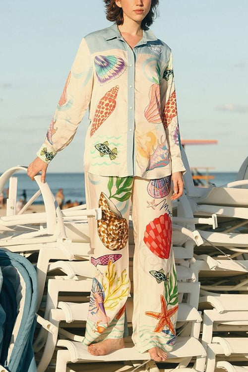 Tropic Print Long Sleeves Blouse Shirt Wide Leg Pants Set