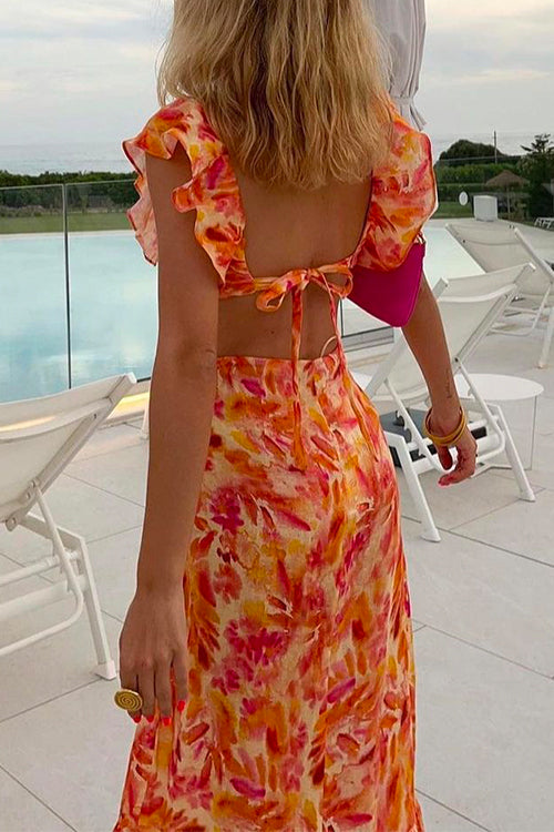 V Neck Cut Out Tie Back Printed Ruffle Maxi Dress
