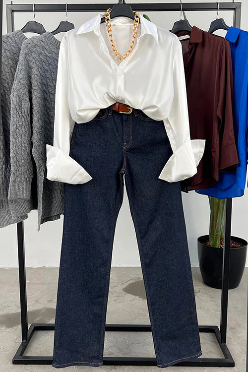 Chic Long Sleeves Button Down Satin Bouse Shirt White