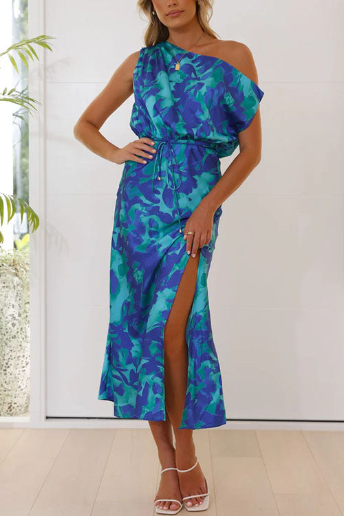 Schulterfreies Maxikleid mit Seitenschlitz und Blumendruck