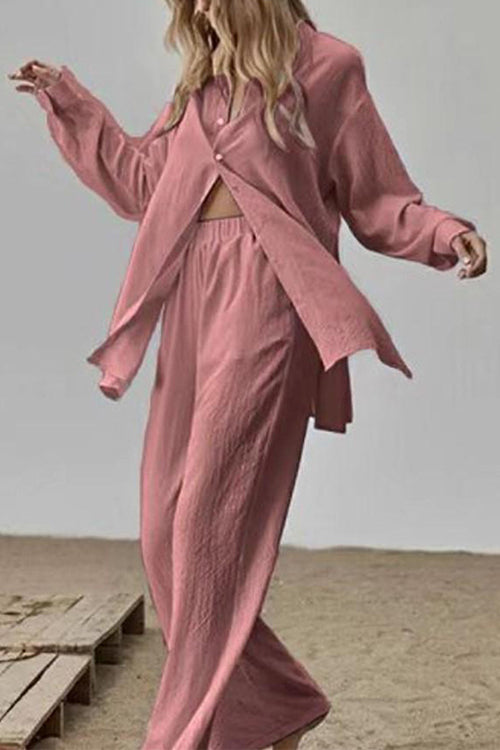 Long Sleeves Side Slit Blouse Shirt Elastic Waist Wide Leg Pants Set Pink