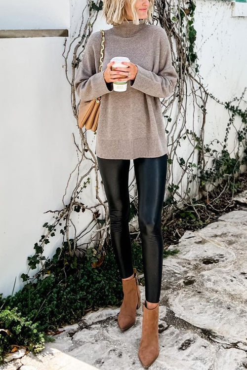 Solid Turtleneck Casual Pullover Sweater Camel S M