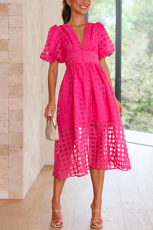 V Neck Lantern Sleeve Waisted A-line Dress HotPonk