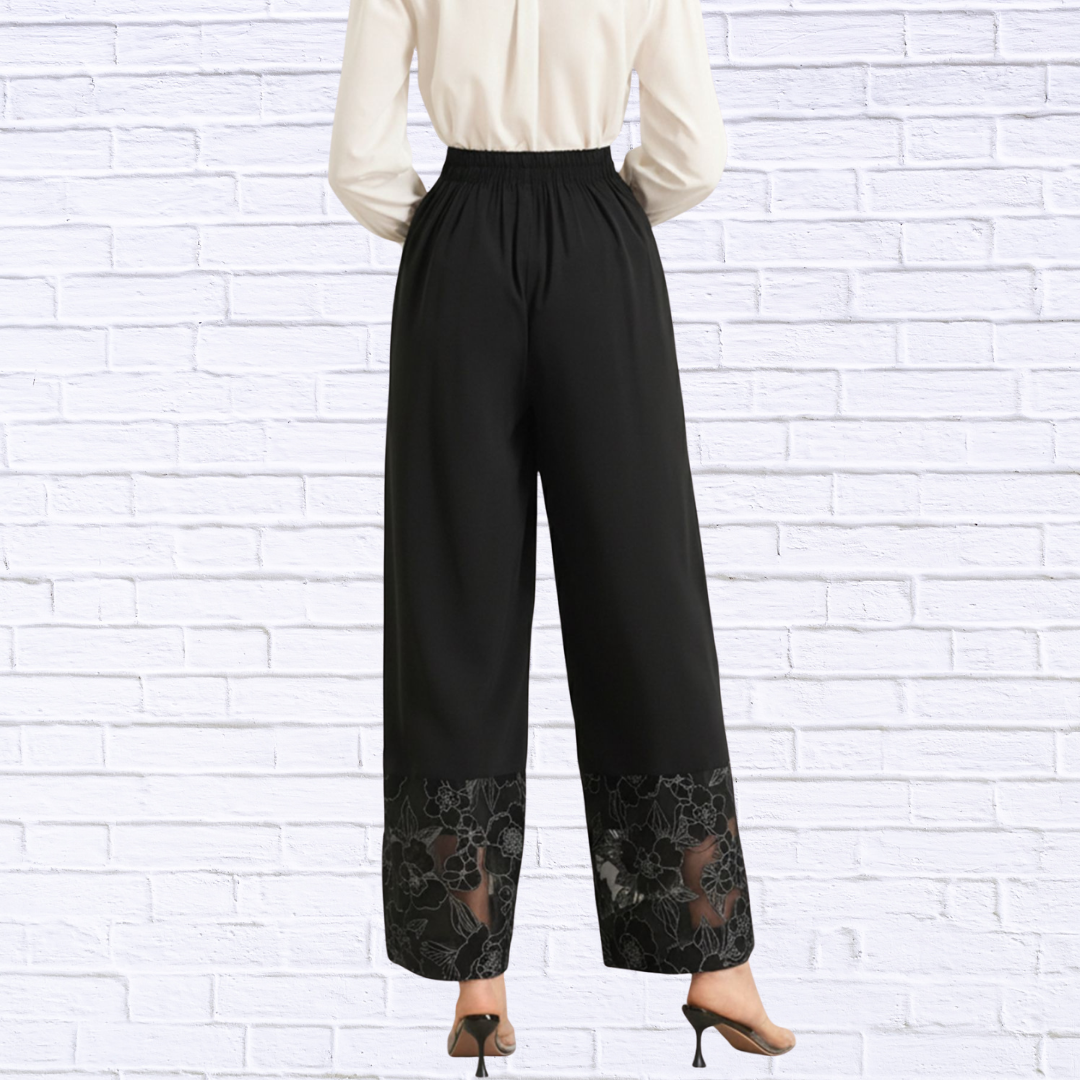 Floral Lace Hem Wide Leg Pants