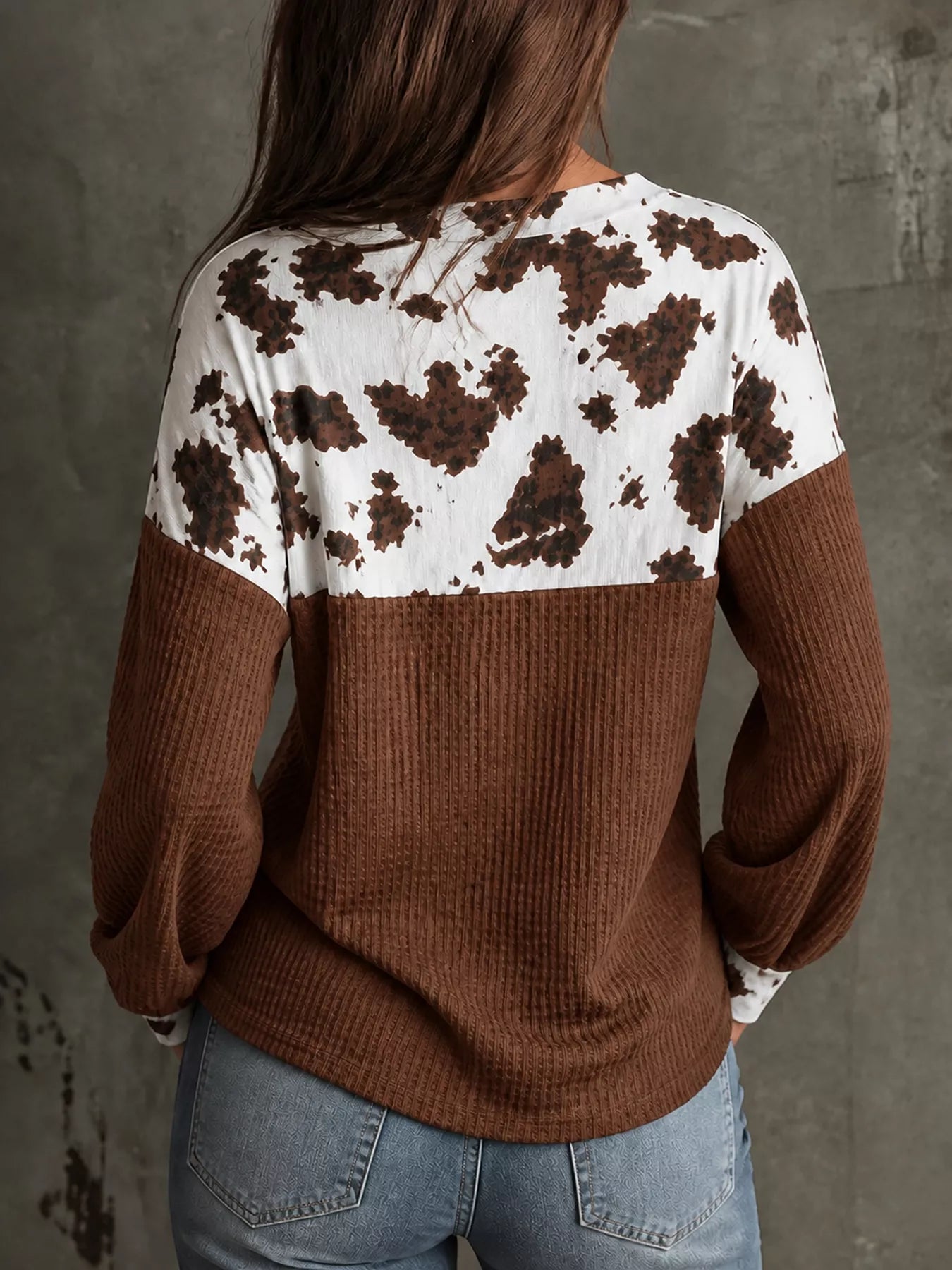 Cow Print Color Block Waffle Knit Blouse