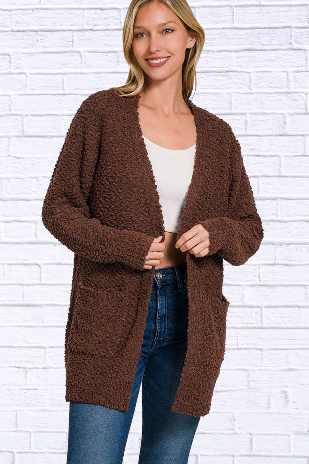 Brown Long Sleeve Popcorn Sweater Cardigan with Pockets