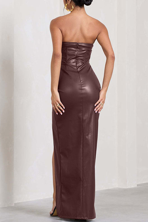 Strapless High Slit Faux Leather Bodycon Maxi Dress