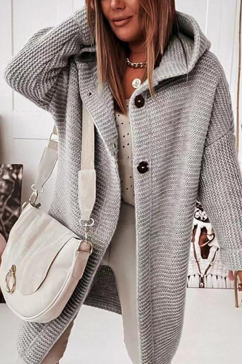 Solid Drop Shoulder Hoodied Knitting Cardigan Gray